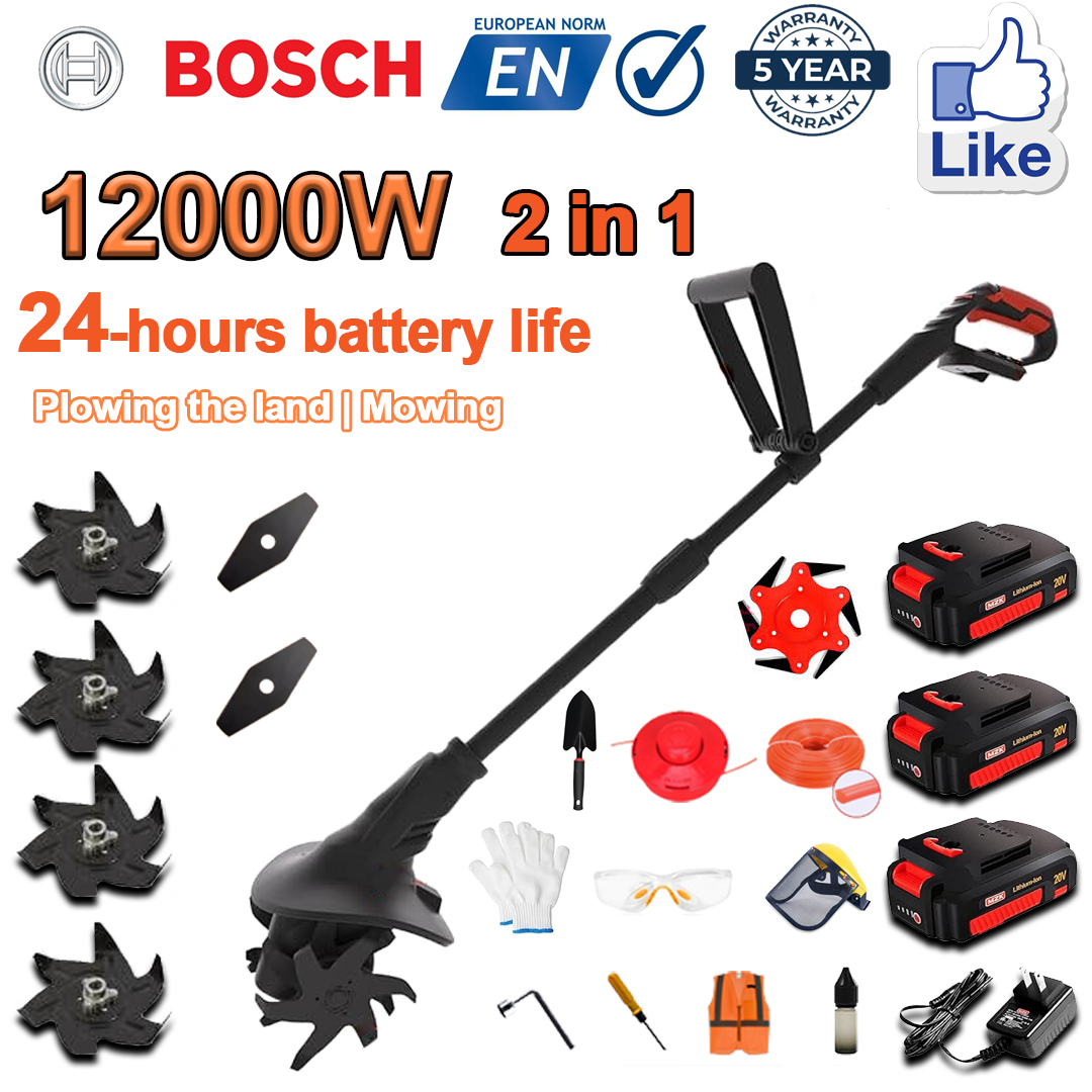 (Trajanje baterije 24 sata) Plug od 12.000 W + 96 V litijska baterija * 2 + brzi punjač * 1 + lopata * 1 + ravna glava * 2 + noževi za plug * 4 + list pile od legure * 1 + rezni list * 1 + rezno uže * 1 + razni dodaci