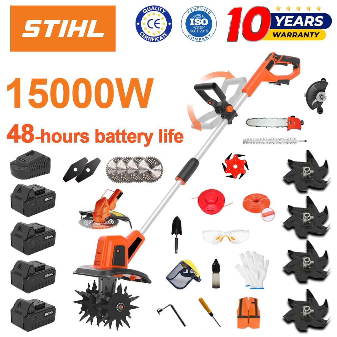 (Trajanje baterije 48 sati) Plug od 15000 W + 96 V litijska baterija * 4 + glava za rezanje * 1 + pila * 1 + glava za škare za živicu * 1 + brzi punjač * 1 + lopata * 1 + ravna oštrica * 2 + oštrica za plug * 4 + list pile od legure * 1 + rezna oštrica * 1 + rezno uže * 1 + razni dodaci