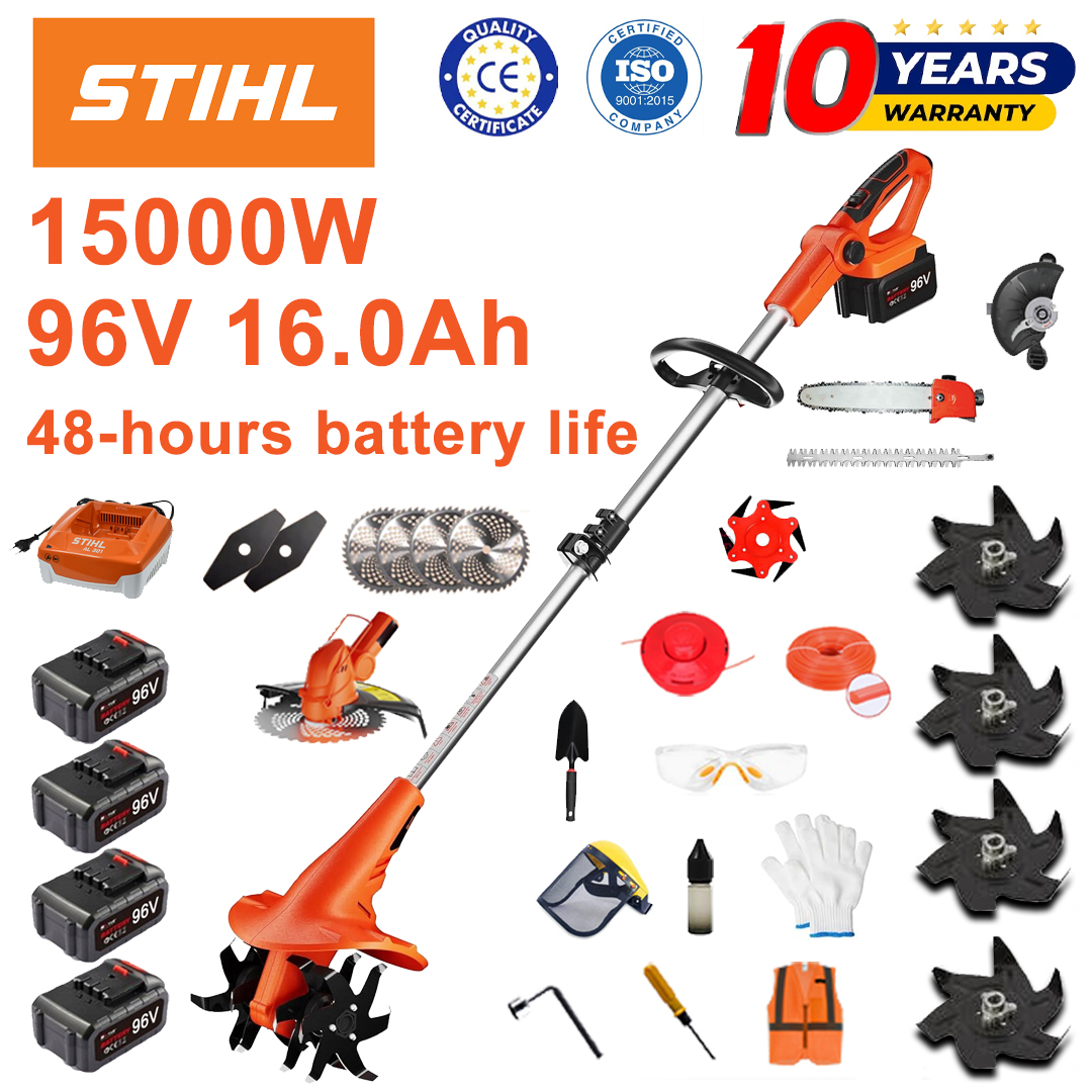 (Vjek trajanja baterije 48 sati) Plug od 15000 W+ 96 V 16,0 Ah litijska baterija*4+glava za košenje*1+pila*1+glava škara za živicu*1+brzi punjač*1+lopata*1+ravna oštrica*2+oštrica za plug*4+oštrica od legure*1+oštrica za košenje*1+konop za košnju*1+razni dodaci