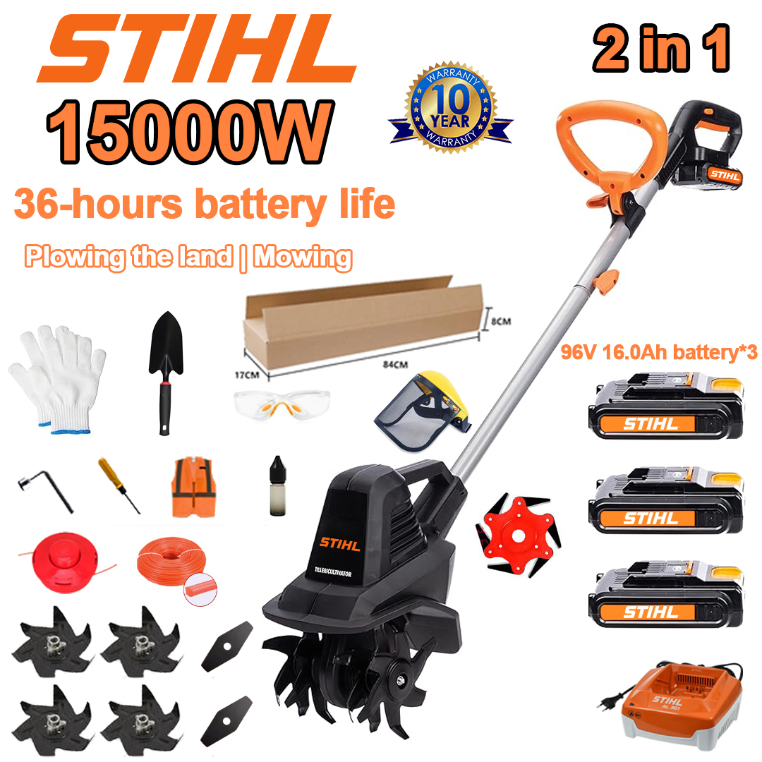 (Trajanje baterije 36 sati) Plug 15000 W + 96 V 16,0 Ah litijska baterija * 3 + glava za košnju * 1 + brzi punjač * 1 + lopata * 1 + ravni nož * 2 + nož ​​pluga * 4 + list pile od legure * 1 + rezni list * 1 + uže za košnju * 1 + razni dodaci