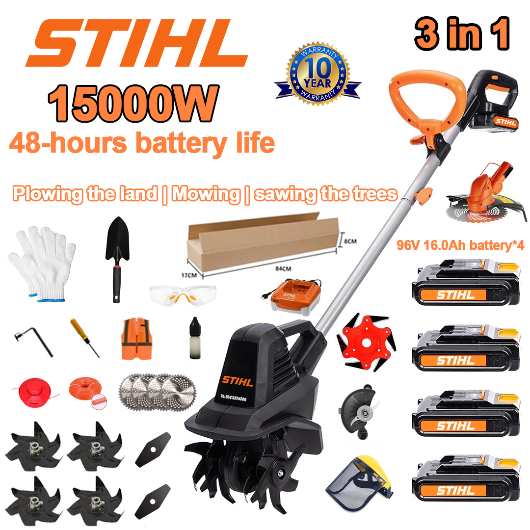 (Vjek trajanja baterije 48 sati) Plug od 15000 W+ 96 V 16,0 Ah litijska baterija*4+glava za košenje*1+pila*1+glava škara za živicu*1+brzi punjač*1+lopata*1+ravna oštrica*2+oštrica za plug*4+oštrica od legure*1+oštrica za košenje*1+konop za košnju*1+razni dodaci