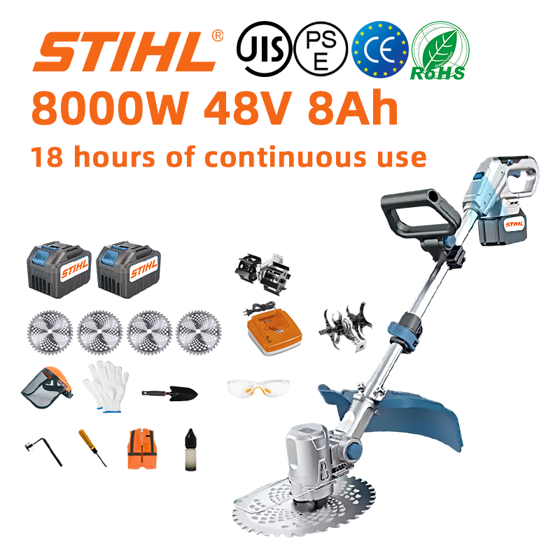 (Trajanje baterije 18 sati) Kosilica bez četkica od 8000 W * 1 + baterija 48 V 8,0 Ah * 2 + punjač * 1 + listovi kružne pile * 4 + plug * 1 + lopata * 1 + rukavice * 1 + zaštitne naočale * 1 + kaciga * 1 + zaštitni odvijač * 1 + zaštitno ulje * 1 + kutni odvijač * 1 + ulje za podmazivanje * 1 + kutija s alatom * 1