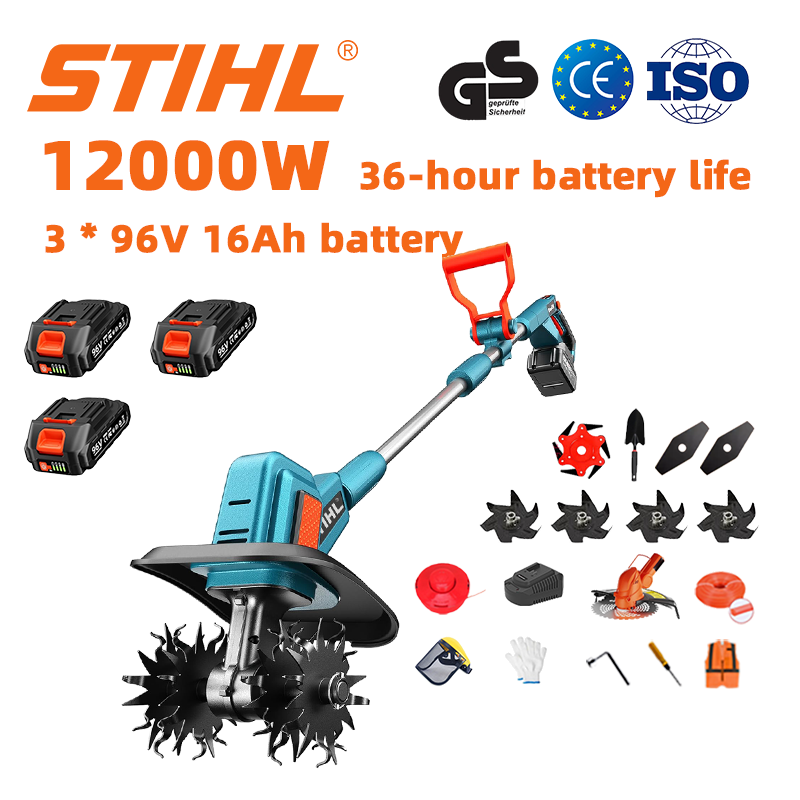(Trajanje baterije 36 sati) Plug od 12000 W + litijeva baterija 96 V 16 Ah * 3 + brzi punjač * 1 + lopata * 1 + ravna oštrica * 2 + oštrica pluga * 4 + aluminijska oštrica pile * 1 + oštrica za rezanje * 1 + uže za rezanje * 1 + razni pribor