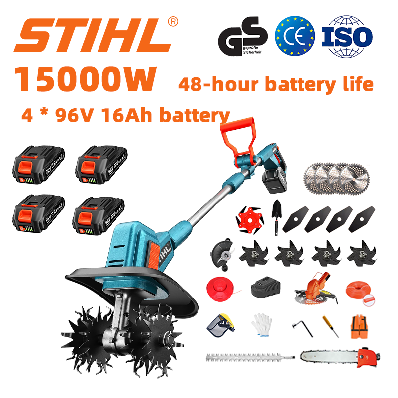 (Trajanje baterije 48 sati) Plug od 15000 W + litijeva baterija 96 V 16 Ah * 4 + oštrica * 4 + pila * 1 + glava škara za živicu * 1 + brzi punjač * 1 + lopata * 1 + ravna oštrica * 4 + oštrica pluga * 4 + aluminijska oštrica pile * 1 + oštrica za košnju * 1 + uže za rezanje * 1 + razni pribor